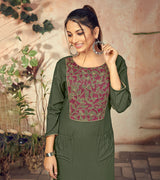 Laxmipati Rayon Jade Green Straight Cut Kurti Has Round Neck Variation , Embroidered Cufe &  Different Yoke Pattern