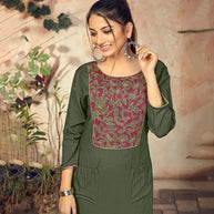 Laxmipati Rayon Jade Green Straight Cut Kurti Has Round Neck Variation , Embroidered Cufe &  Different Yoke Pattern