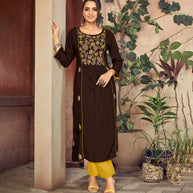 Laxmipati Rayon Coca Brown Straight Cut Kurti Has Round Neck Variation , Embroidered Cufe &  Different Yoke Pattern