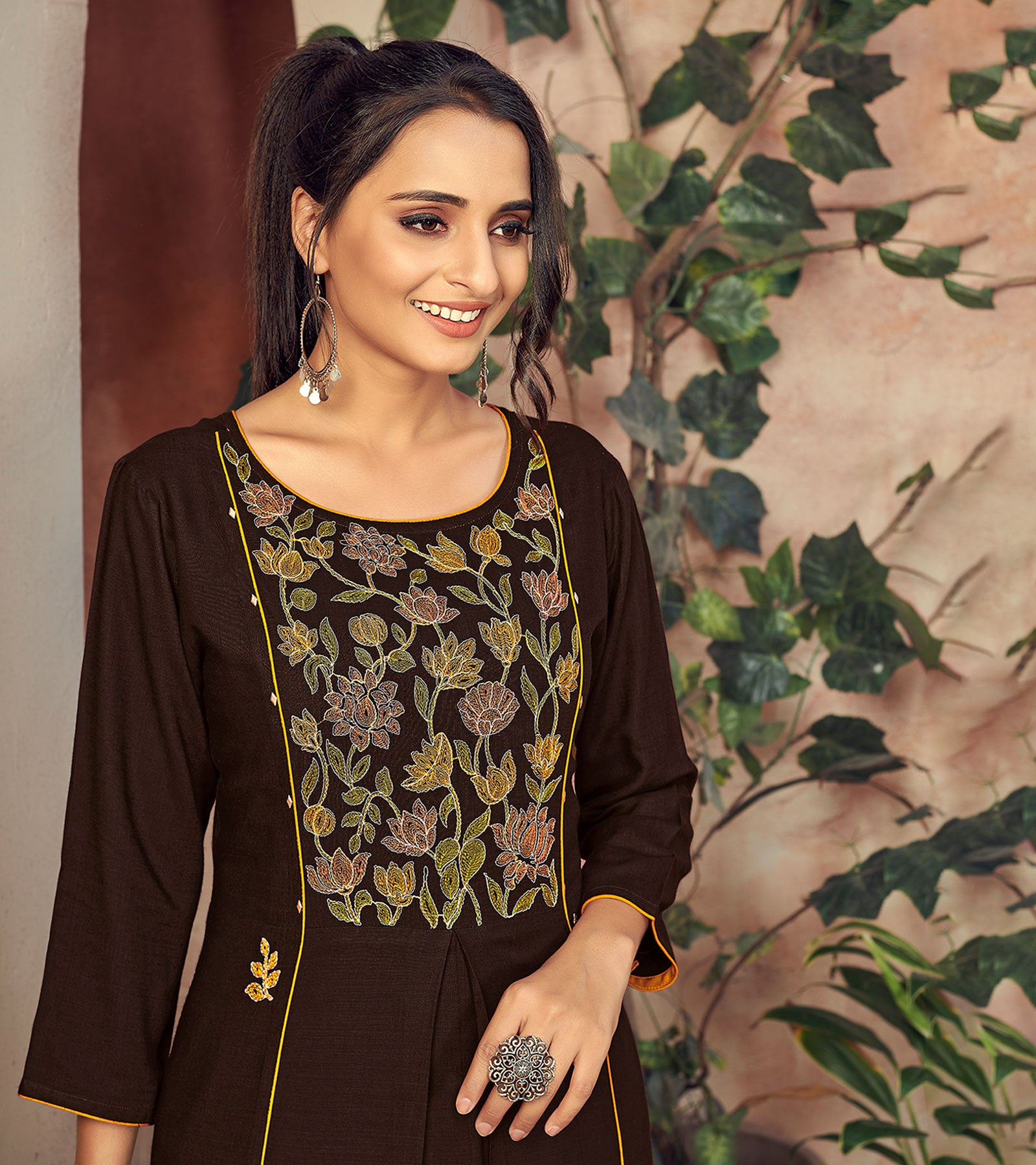 Laxmipati Rayon Coca Brown Straight Cut Kurti Has Round Neck Variation , Embroidered Cufe &  Different Yoke Pattern