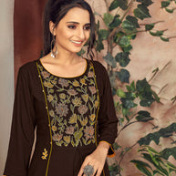 Laxmipati Rayon Coca Brown Straight Cut Kurti Has Round Neck Variation , Embroidered Cufe &  Different Yoke Pattern