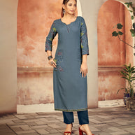 Laxmipati Rayon Ice Grey Straight Cut Kurti Has Round Neck Variation , Embroidered Cufe &  Different Yoke Pattern