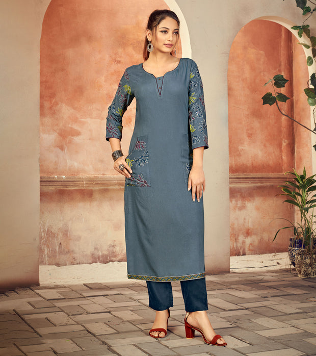 Laxmipati Rayon Ice Grey Straight Cut Kurti Has Round Neck Variation , Embroidered Cufe &  Different Yoke Pattern
