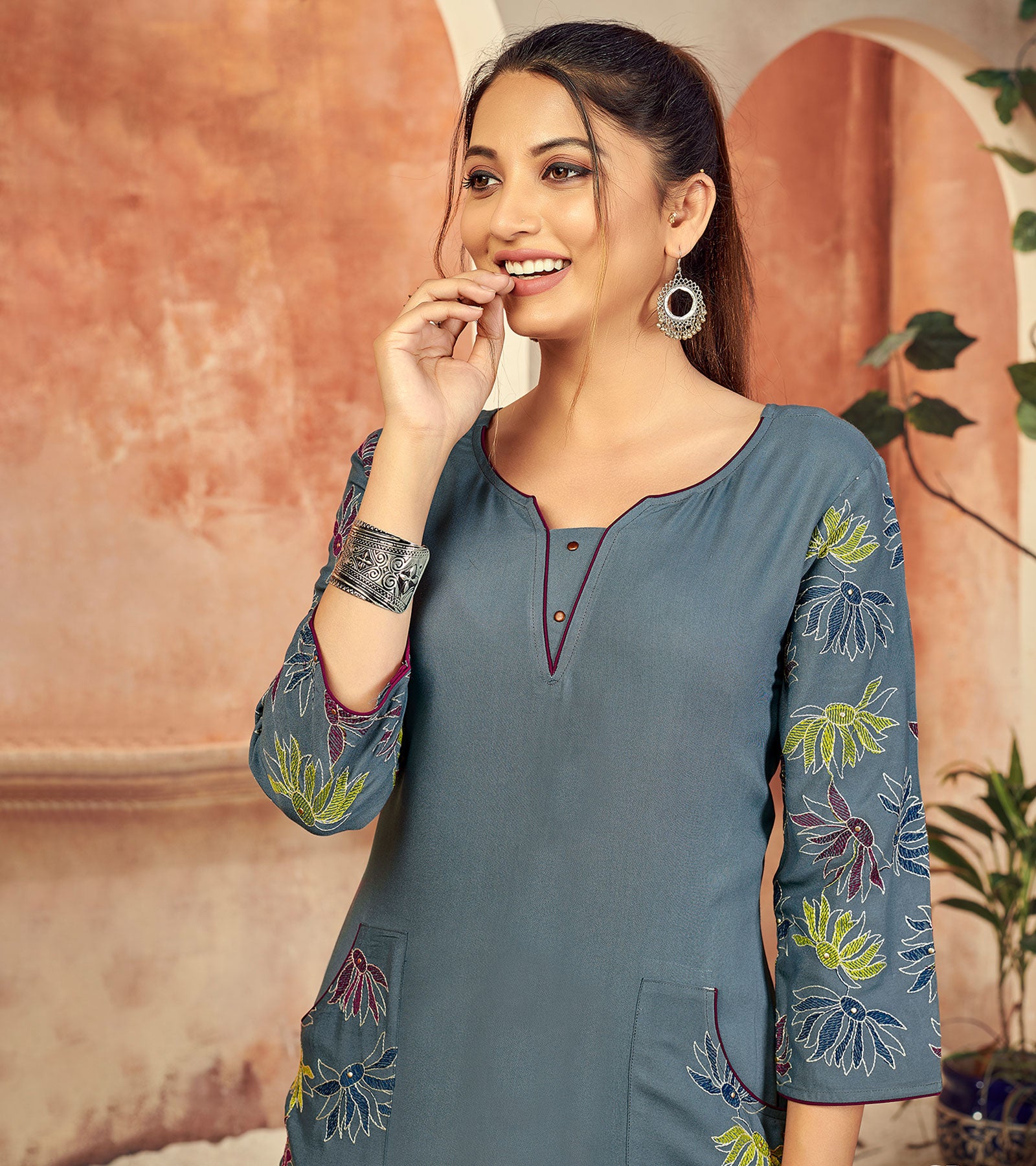 Laxmipati Rayon Ice Grey Straight Cut Kurti Has Round Neck Variation , Embroidered Cufe &  Different Yoke Pattern