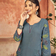 Laxmipati Rayon Ice Grey Straight Cut Kurti Has Round Neck Variation , Embroidered Cufe &  Different Yoke Pattern