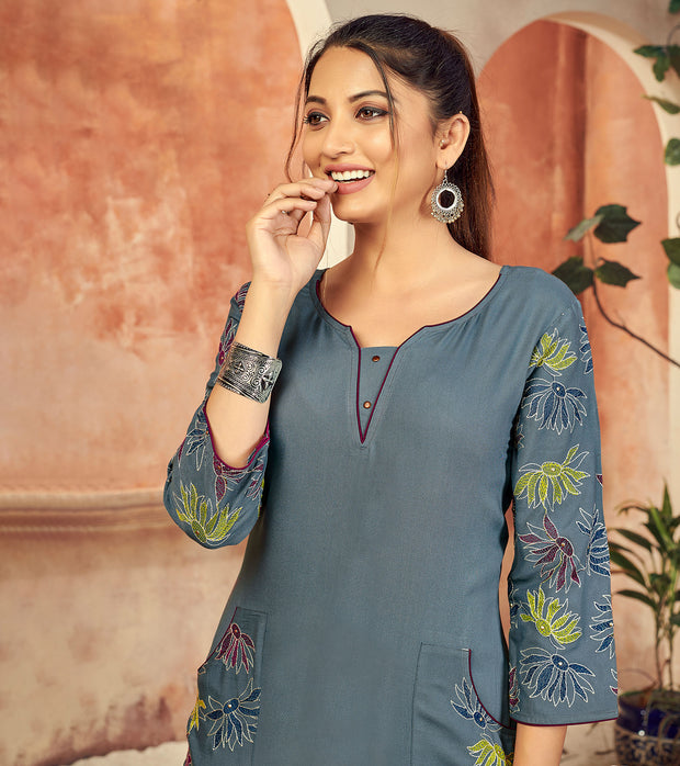 Laxmipati Rayon Ice Grey Straight Cut Kurti Has Round Neck Variation , Embroidered Cufe &  Different Yoke Pattern