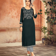 Laxmipati Rayon Midnight Grey-Green Straight Cut Kurti Has Round Neck Variation , Embroidered Cufe &  Different Yoke Pattern