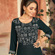 Laxmipati Rayon Midnight Grey-Green Straight Cut Kurti Has Round Neck Variation , Embroidered Cufe &  Different Yoke Pattern