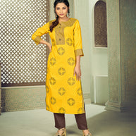 Laxmipati Linen Satin Sunshine Yellow Straight Cut Kurti With Pant