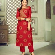 Laxmipati Linen Satin Scarlet Red Straight Cut Kurti With Pant