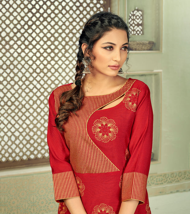 Laxmipati Linen Satin Scarlet Red Straight Cut Kurti With Pant