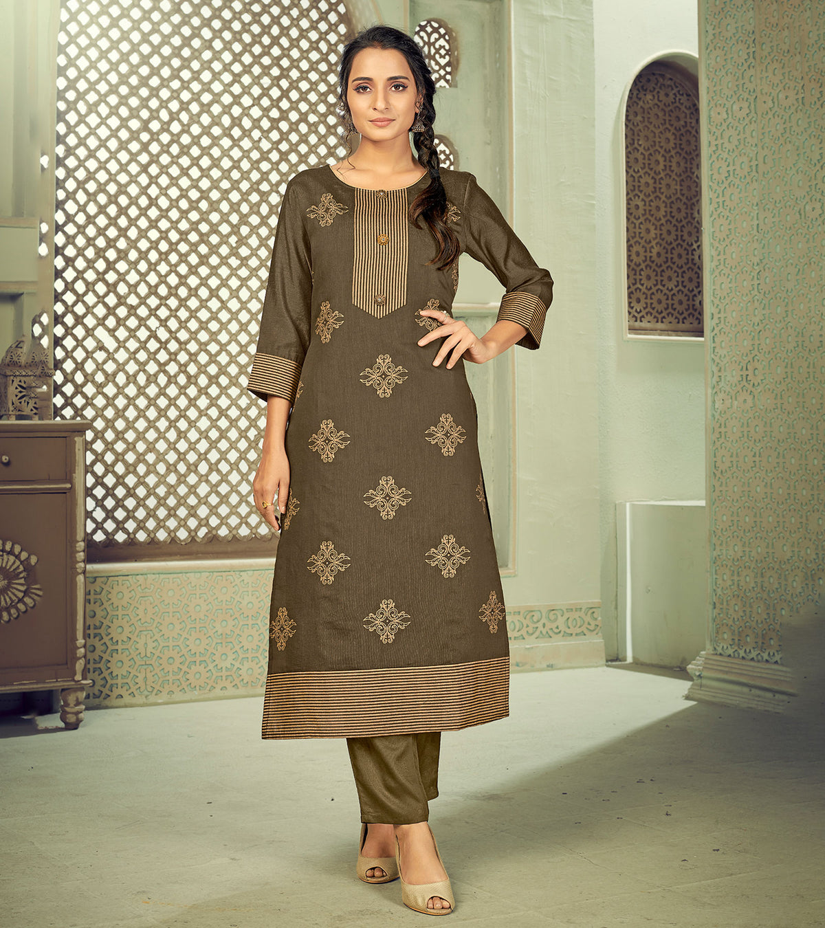 Laxmipati Linen Satin Sand Wood Straight Cut Kurti With Pant