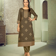 Laxmipati Linen Satin Sand Wood Straight Cut Kurti With Pant