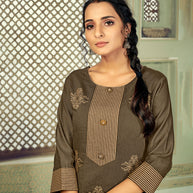 Laxmipati Linen Satin Sand Wood Straight Cut Kurti With Pant