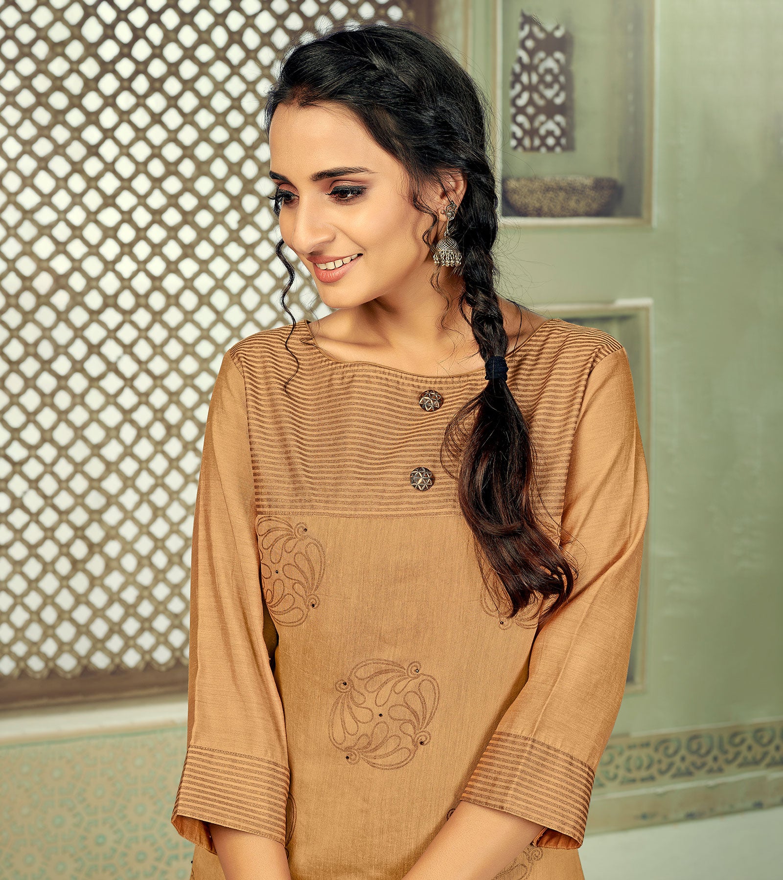 Laxmipati Linen Satin Caramel Sand Straight Cut Kurti With Pant