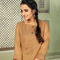 Laxmipati Linen Satin Caramel Sand Straight Cut Kurti With Pant
