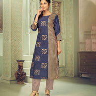 Laxmipati Linen Satin Peri Winkle Blue Straight Cut Kurti With Pant