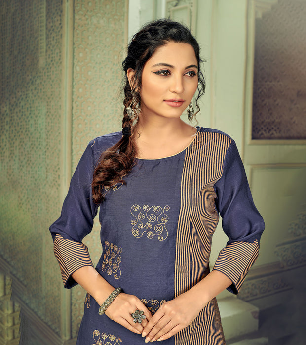 Laxmipati Linen Satin Peri Winkle Blue Straight Cut Kurti With Pant