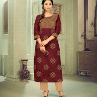 Laxmipati Linen Satin Mahogany Maroon Straight Cut Kurti With Pant