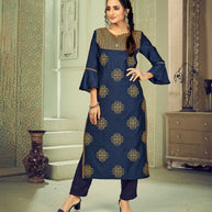 Laxmipati Linen Satin Azure Blue Straight Cut Kurti With Pant
