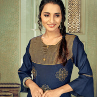 Laxmipati Linen Satin Azure Blue Straight Cut Kurti With Pant