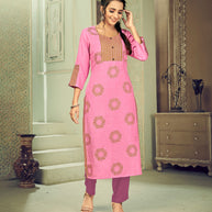 Laxmipati Linen Satin Blush Pink Straight Cut Kurti With Pant