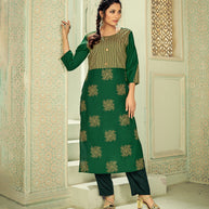 Laxmipati Linen Satin Seawood Green Straight Cut Kurti With Pant
