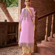 Laxmipati Rayon Lilac Lavender Straight Cut Kurti With Handmade Laced