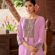 Laxmipati Rayon Lilac Lavender Straight Cut Kurti With Handmade Laced