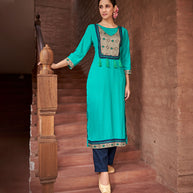 Laxmipati Rayon Rama Straight Cut Kurti With Handmade Laced