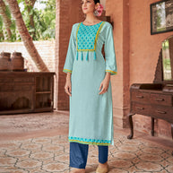 Laxmipati Rayon Aqua Blue Straight Cut Kurti With Handmade Laced