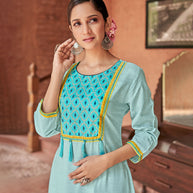 Laxmipati Rayon Aqua Blue Straight Cut Kurti With Handmade Laced