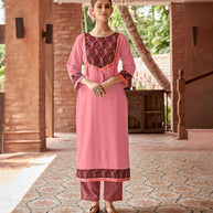 Laxmipati Rayon Pastel Pink Straight Cut Kurti With Handmade Laced
