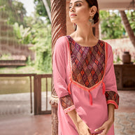 Laxmipati Rayon Pastel Pink Straight Cut Kurti With Handmade Laced