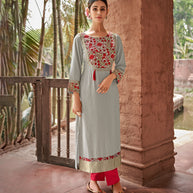 Laxmipati Rayon Mystique Grey  Straight Cut Kurti With Handmade Laced