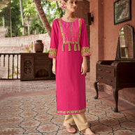 Laxmipati Rayon Carnation Pink Straight Cut Kurti With Handmade Laced