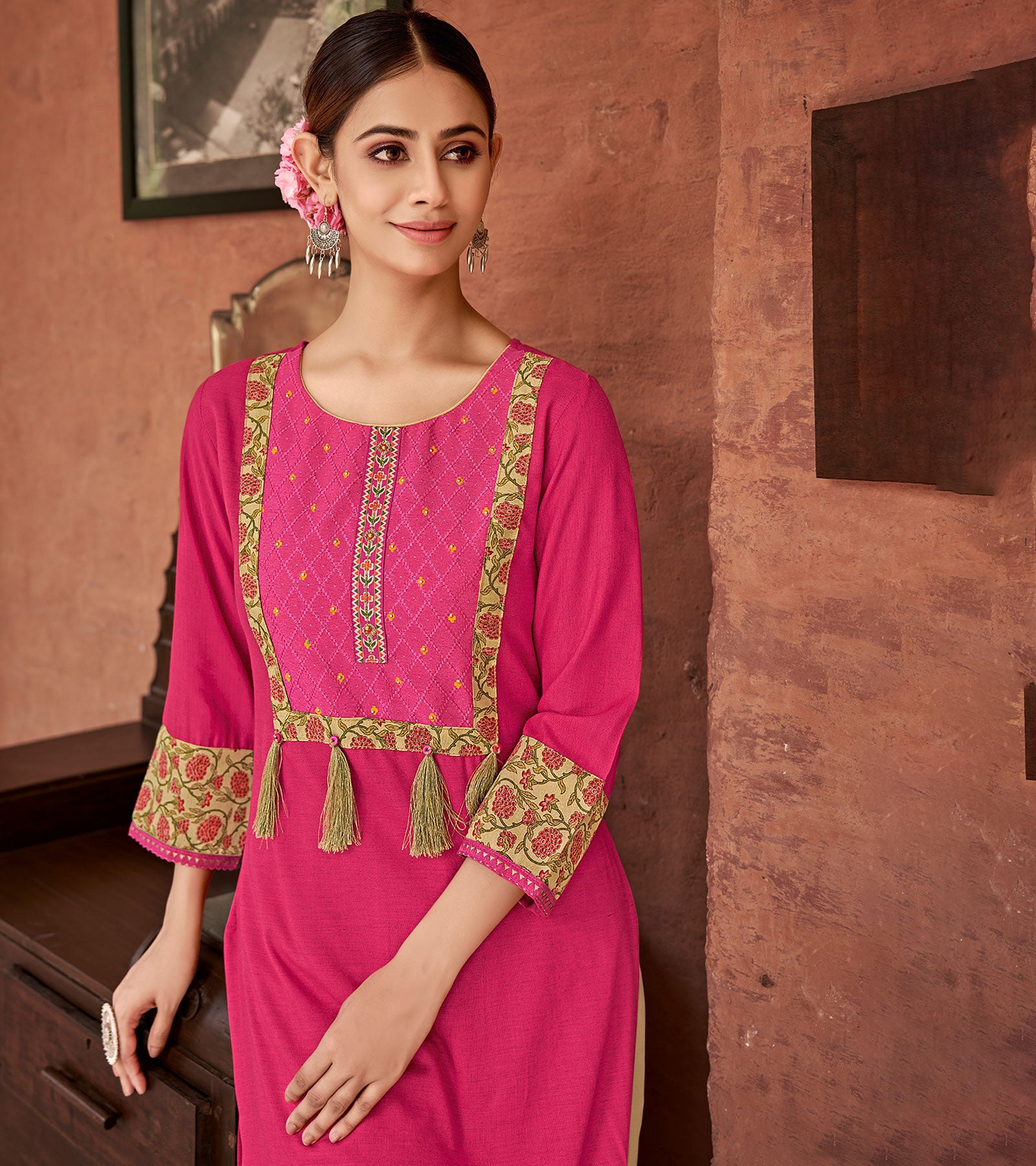 Laxmipati Rayon Carnation Pink Straight Cut Kurti With Handmade Laced