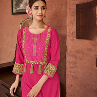 Laxmipati Rayon Carnation Pink Straight Cut Kurti With Handmade Laced