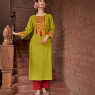 Laxmipati Rayon Lime Green Straight Cut Kurti With Handmade Laced