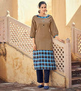 Laxmipati Rayon Chex With Swiss Slub Melody Brown Withbrik Blue Straight Kurta