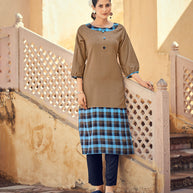 Laxmipati Rayon Chex With Swiss Slub Melody Brown Withbrik Blue Straight Kurta