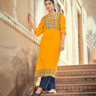 Laxmipati Rayon Chex With Swiss Slub Canary Chex With Turmeric Yellow Straight Kurta
