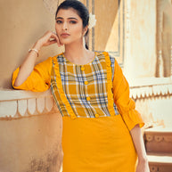Laxmipati Rayon Chex With Swiss Slub Canary Chex With Turmeric Yellow Straight Kurta