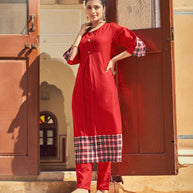 Laxmipati Rayon Chex With Swiss Slub Barn Red Straight Kurta
