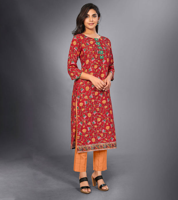 Laxmipati Carmine Red Straight Cut Kurti With Digital Print