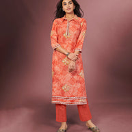 Laxmipati Flame Orange Straight Cut Kurti With Digital Print