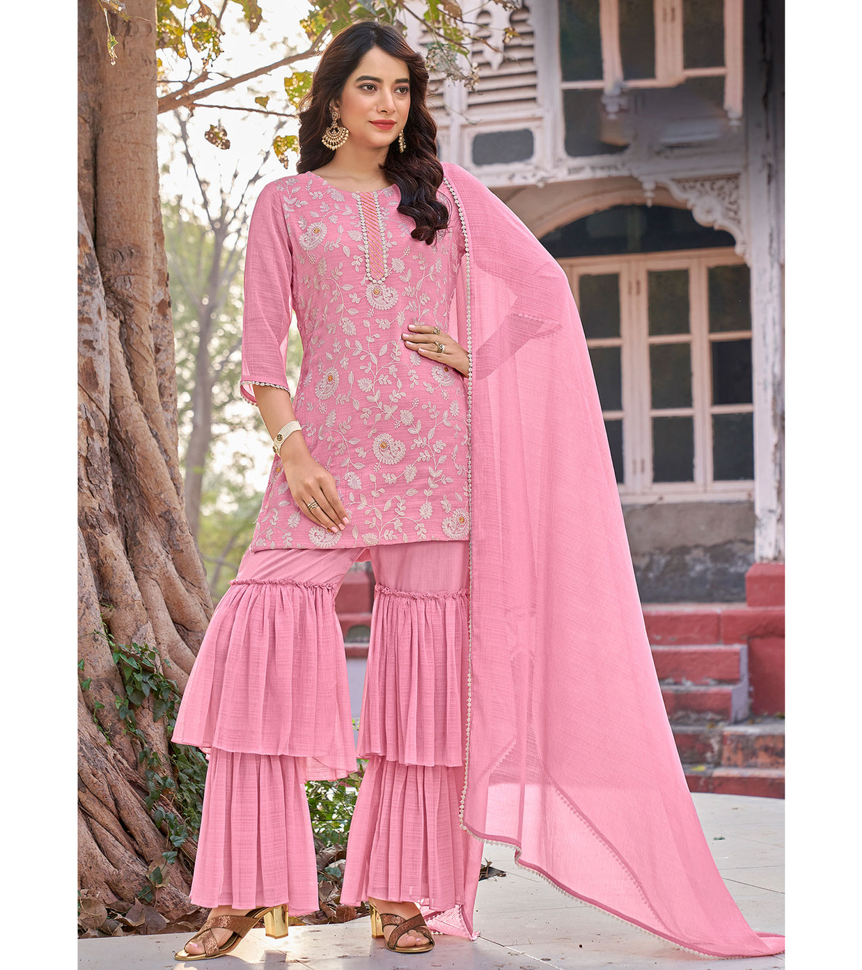 Laxmipati D3-123 Viscose Fabric Pink Kurti With Sharara & Dupatta