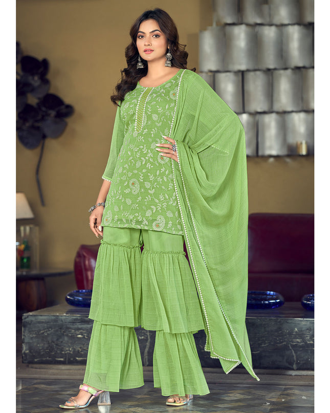 Laxmipati D3-124 Viscose Fabric Light Green Kurti With Sharara & Dupatta