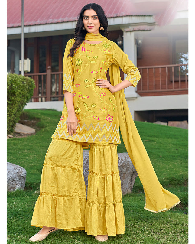 Laxmipati D3-089 Viscose Fabric Corn Yellow Kurti With Sharara & Dupatta