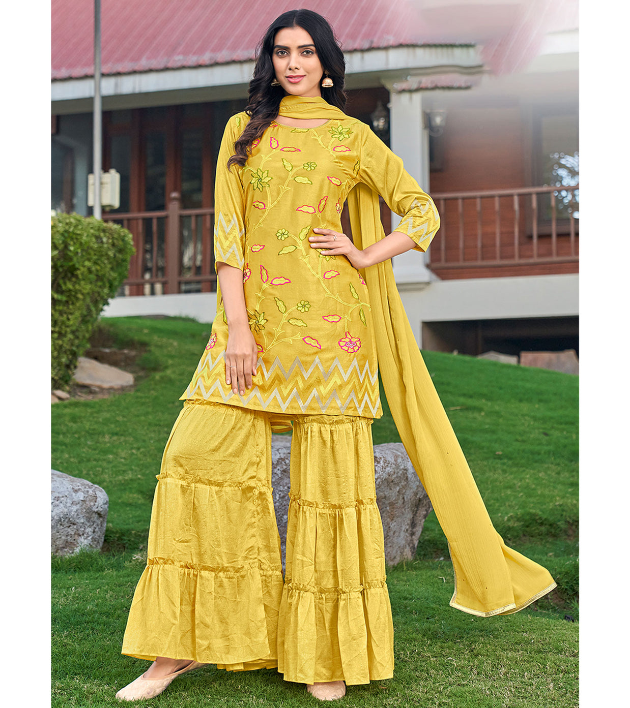 Laxmipati D3-089 Viscose Fabric Corn Yellow Kurti With Sharara & Dupatta